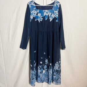 Elegant Blue Floral on Dark Blue midi Dress size extra large MAR1